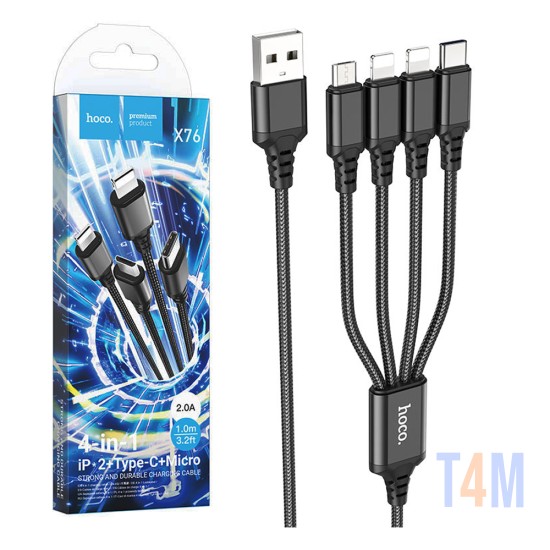 Cable de Carga 4 en 1 Hoco X76 Super USB-A a (Lightning+Lightning+Tipo-C+Micro) 2.0A 1m Negro
